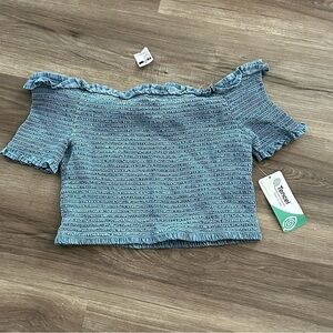 Active USA Blue Tercel Chambray Smock Off Shoulder Cropped Top Women Large NWT